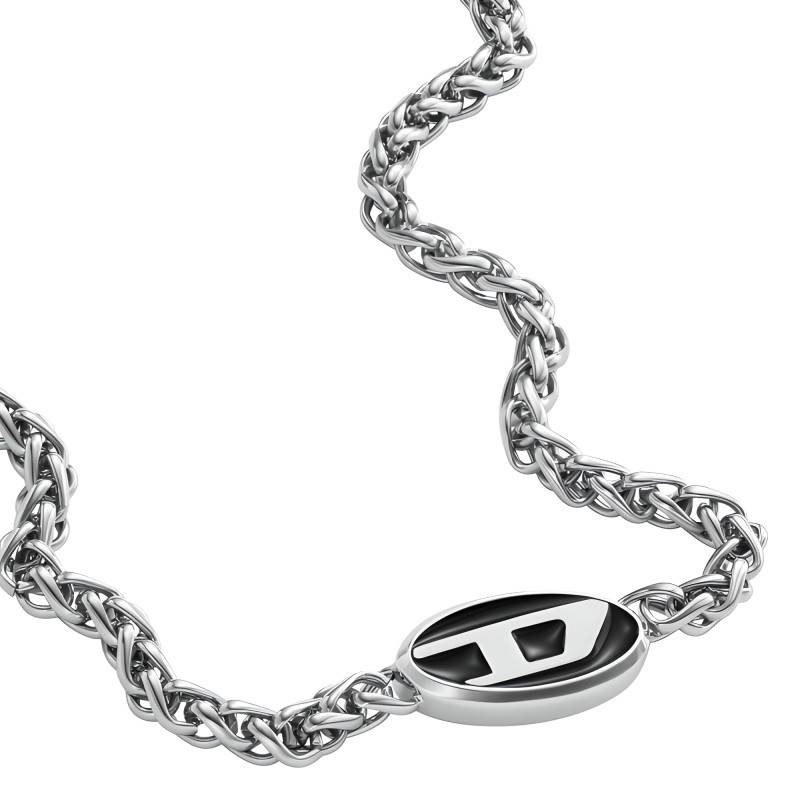 Collier Mixte Diesel en acier argenté et émail noir motif "D"