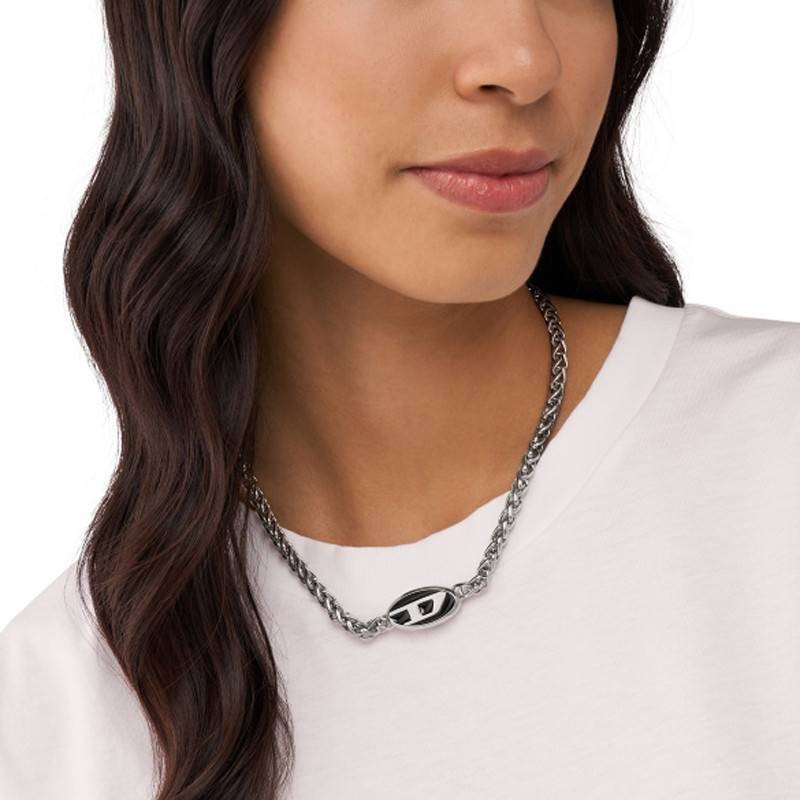 Collier Mixte Diesel en acier argenté et émail noir motif "D"