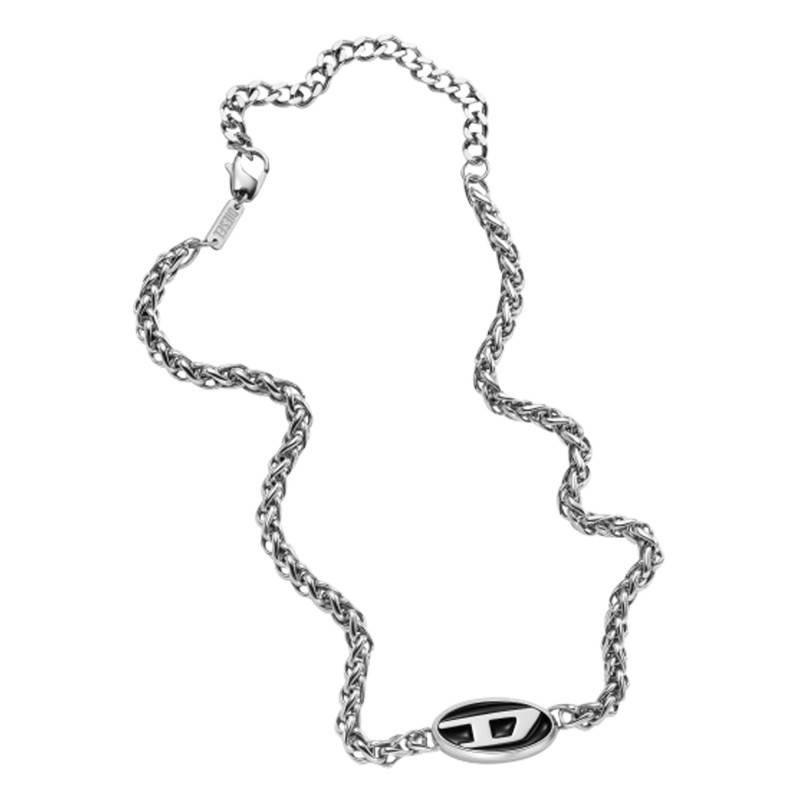 Collier Mixte Diesel en acier argenté et émail noir motif "D"