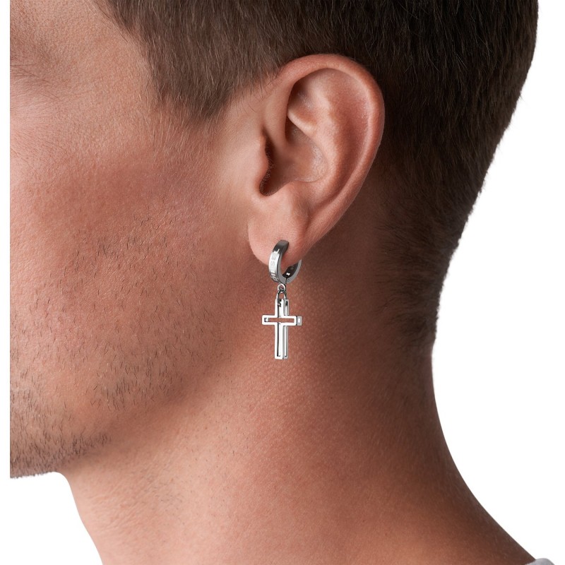 Boucle d'oreille Diesel Homme en acier argenté Motif croix