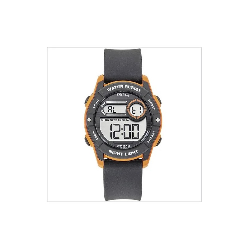 Montre enfant Tekday silicone noir boîtier orange et noir