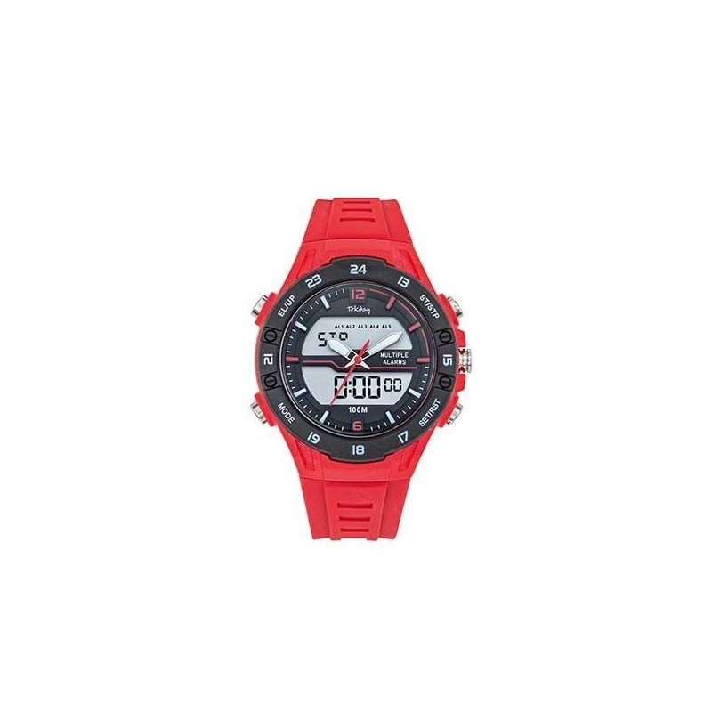 Montre homme Tekday en acier noir avec bracelet en silicone rouge