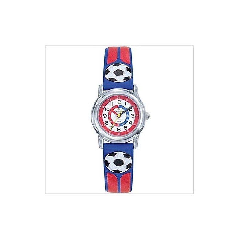 Montre Certus Junior - Sur le thème du football - Bracelet cuir bleu et rouge avec ballons de foot