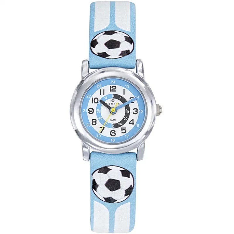 Montre Certus Junior - Sur le thème du football - Bracelet cuir bleu et blanc avec ballons de foot