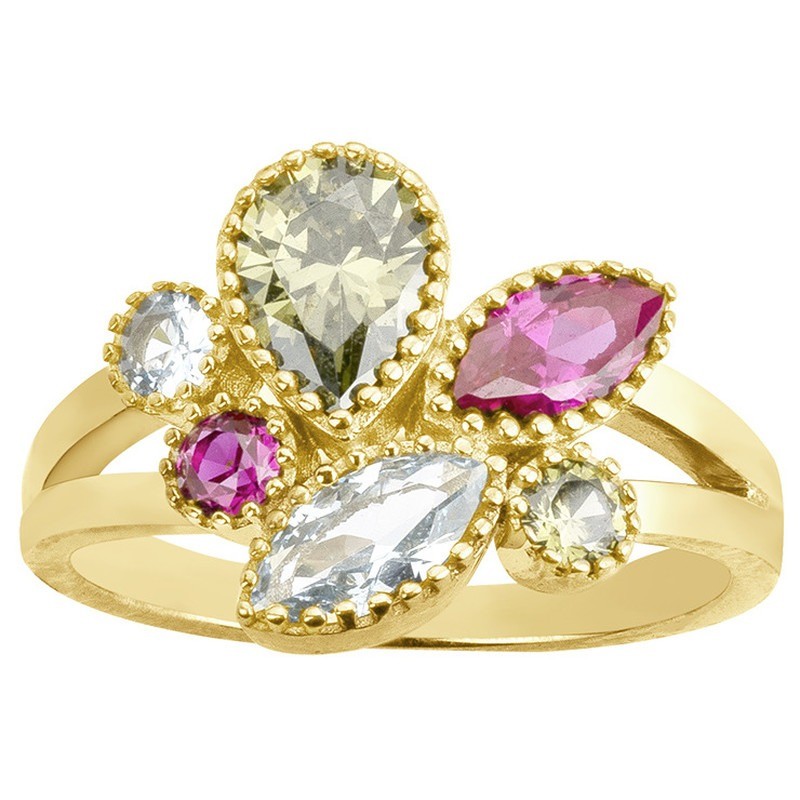 Bague femme fantaisie Carador en plaqué or et spinelles blanches mauves et vertes
