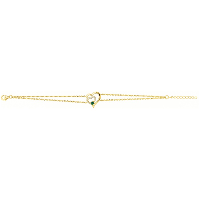 Bracelet Femme Carador - Plaqué Or - Duo de coeurs avec spinelle vert