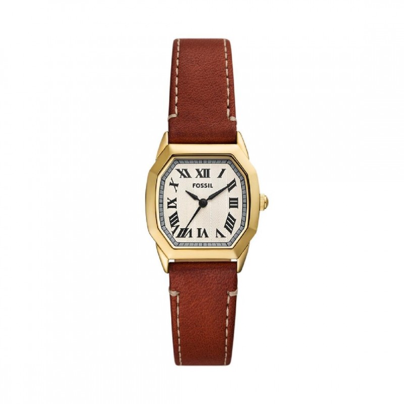 Montre femme fossil Harlow bracelet cuir marron cadran octogonal