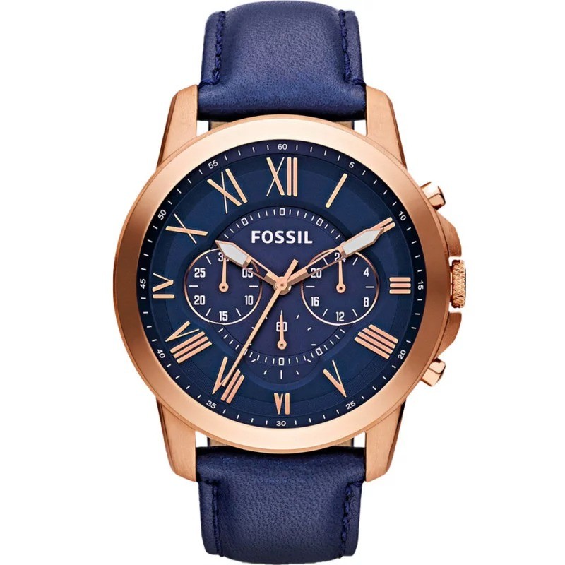 Montre Homme Fossil en Acier doré rose et Cuir bleu