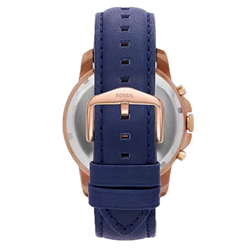 Montre Homme Fossil en Acier doré rose et Cuir bleu