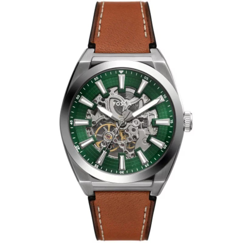 Montre Squelette Homme Fossil en Acier et Cuir Marron