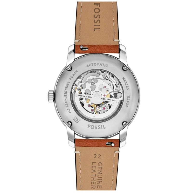 Montre Squelette Homme Fossil bracelet Cuir Marron et Cadran bleu