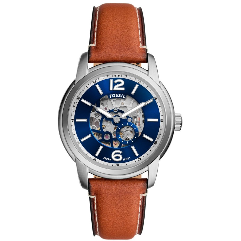 Montre Squelette Homme Fossil bracelet Cuir Marron et Cadran bleu