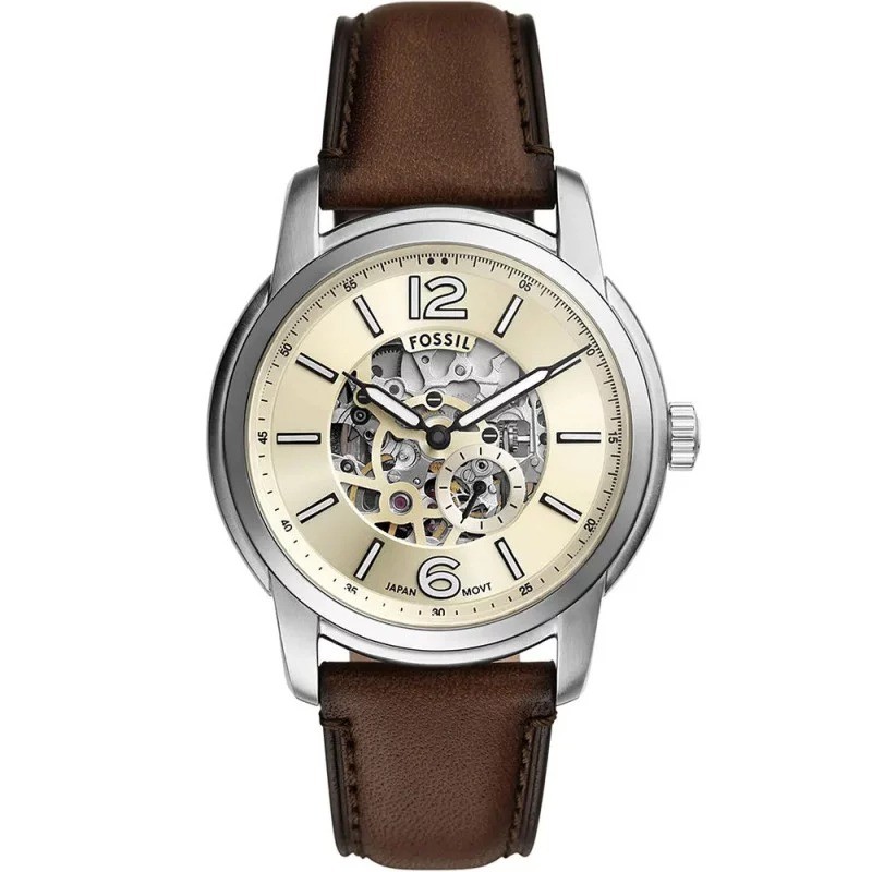 Montre Squelette Homme Fossil bracelet Cuir Marron foncé