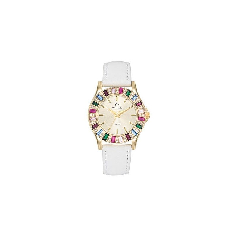 Montre pierres Femme GO Boîtier doré et cuir blanc