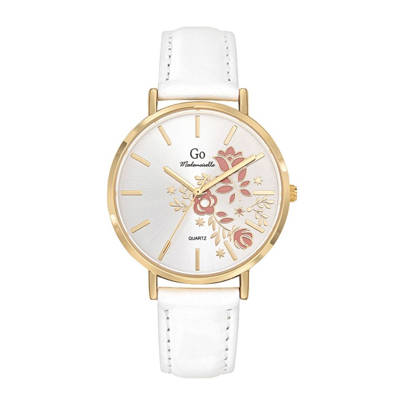 Montre fleurs Femme GO Boîtier doré et cuir blanc