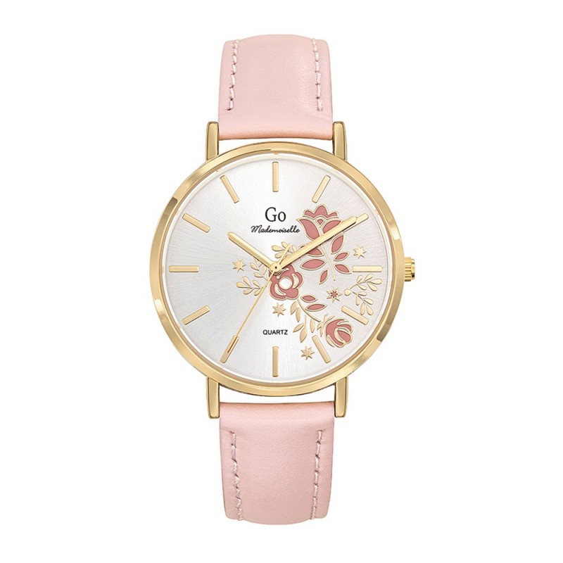 Montre fleurs Femme GO Boîtier doré et cuir rose