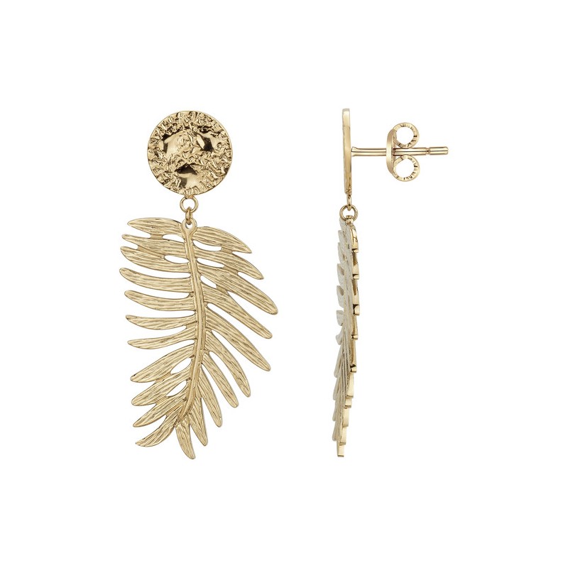 Boucle d'oreilles Pendantes Femme - Amporelle - En Acier - Motif Feuille Dorée