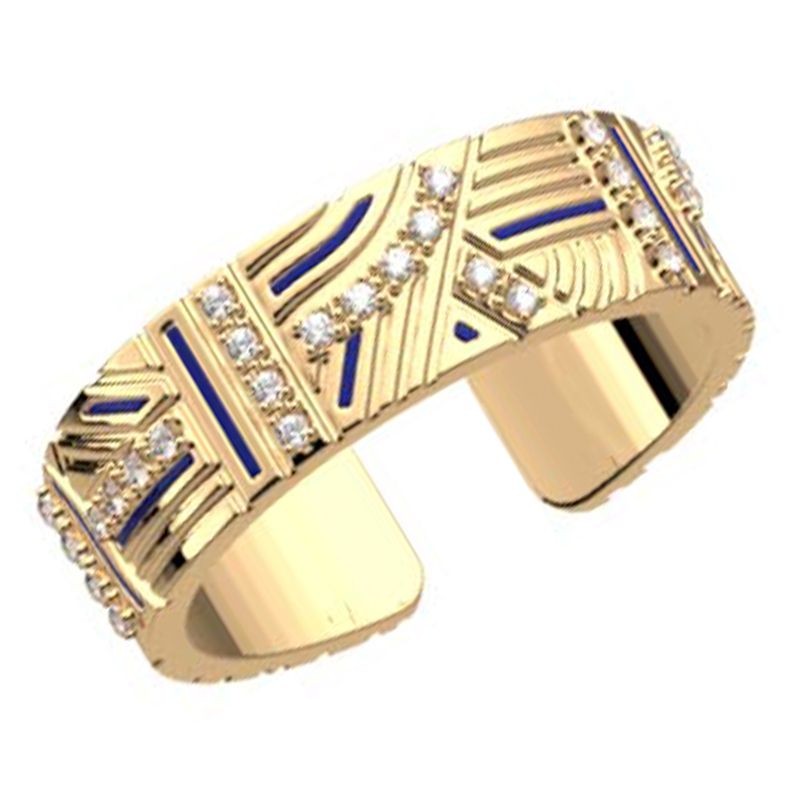 Bague Femme - Les Georgettes - En Laiton - Édition Les Cadettes - Oxyde de Zirconium Incolore et Motifs Tracés Bleus