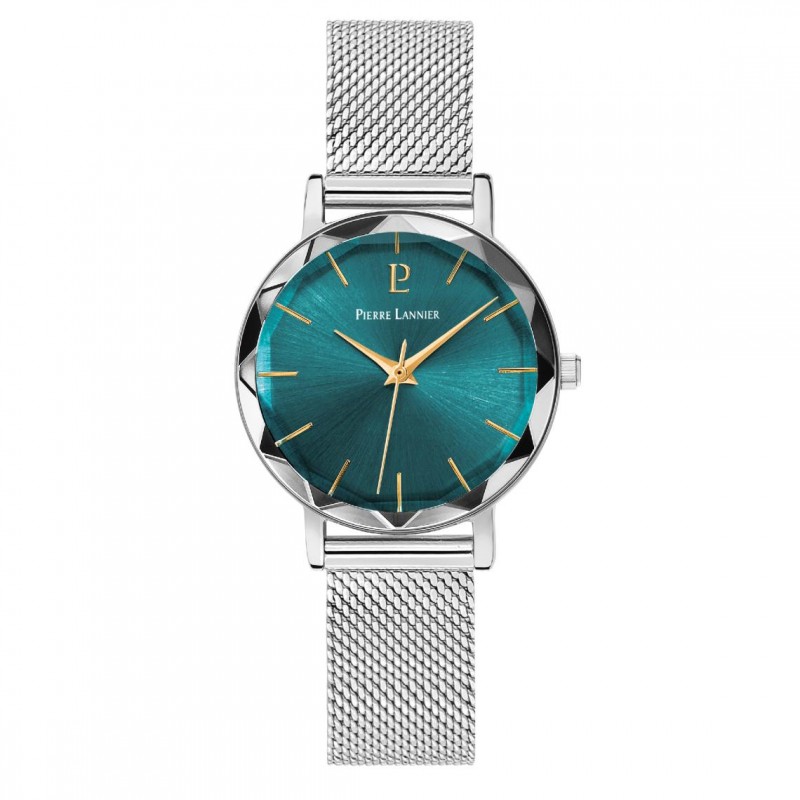 Montre Pierre Lannier femme acier milanais argenté fond vert