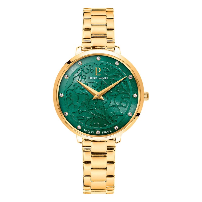 Montre Pierre Lannier femme acier doré fond vert