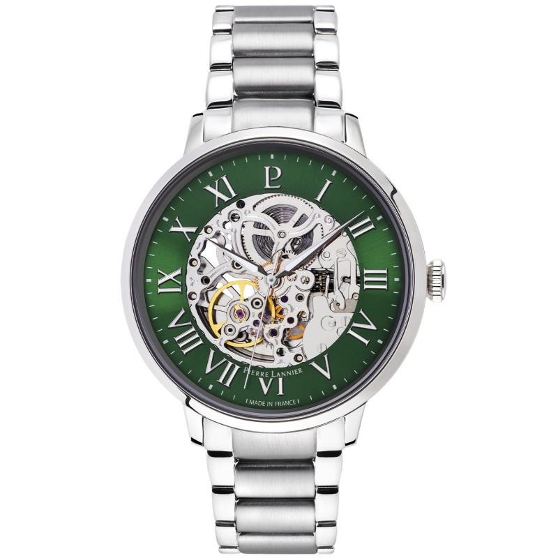 MONTRE PIERRE LANNIER HOMME AUTOMATIQUE acier argenté fond vert