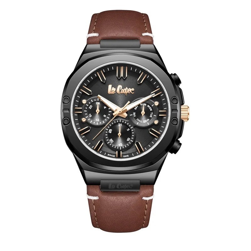 Montre Homme Lee Cooper en métal noir et bracelet en cuir marron