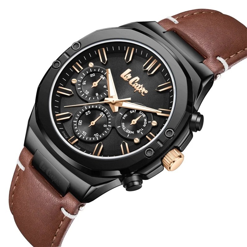 Montre Homme Lee Cooper en métal noir et bracelet en cuir marron