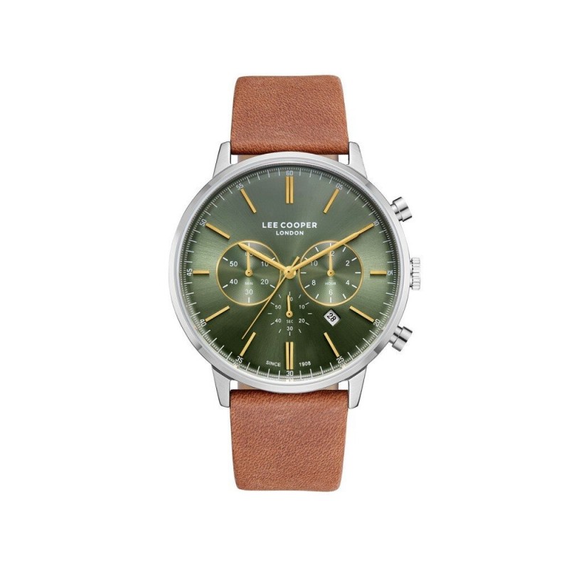 Montre Homme Lee Cooper en métal gris et bracelet en cuir marron