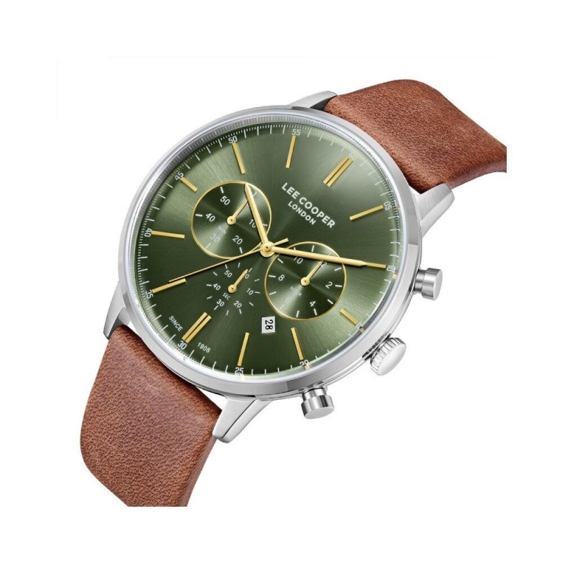 Montre Homme Lee Cooper en métal gris et bracelet en cuir marron