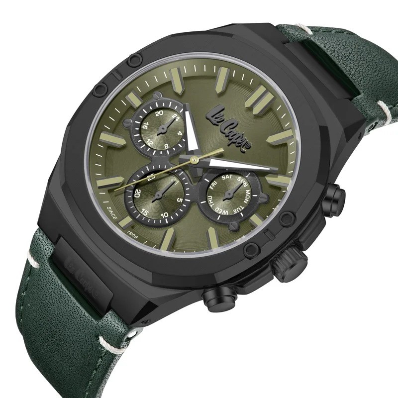 Montre Homme Lee Cooper en métal noir et bracelet en cuir kaki