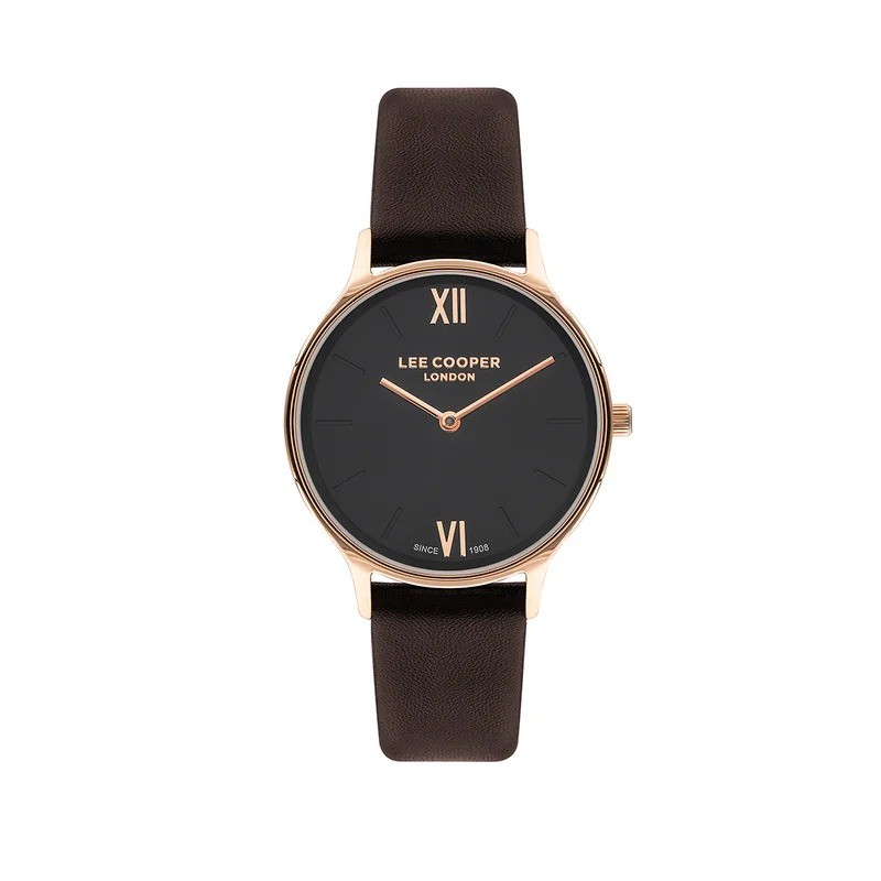 Montre Femme Lee Cooper en métal doré rose et cuir noir
