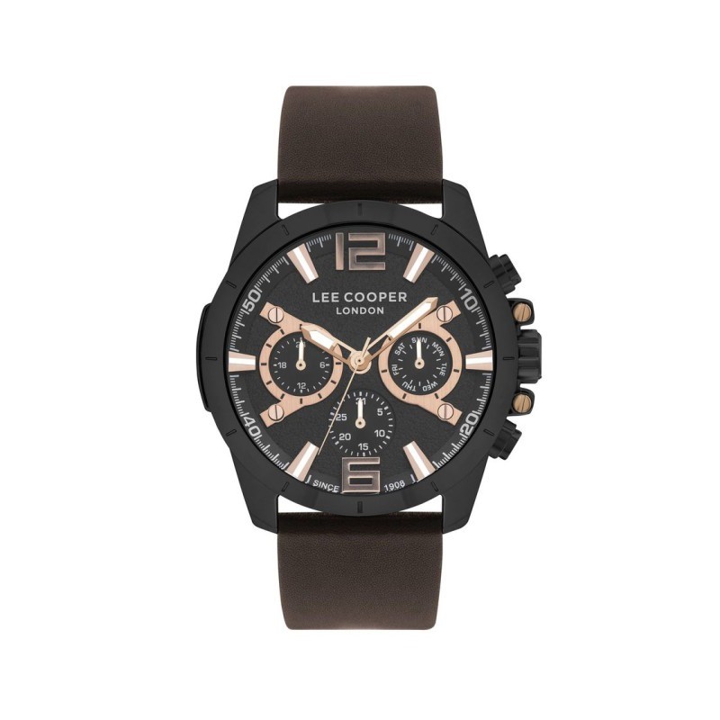 montre Homme Lee Cooper en métal noir et bracelet en silicone marron