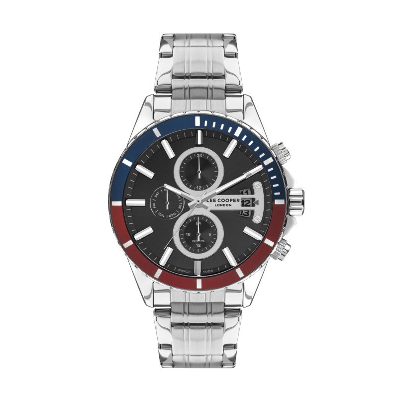Montre Homme Lee Cooper en métal argenté et cadrant bleu et rouge