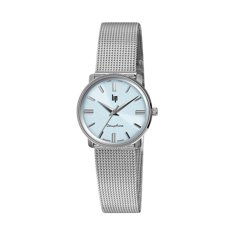 Montre mixte LIP Dauphine argenté bracelet maille milanaise et cadrant bleu clair