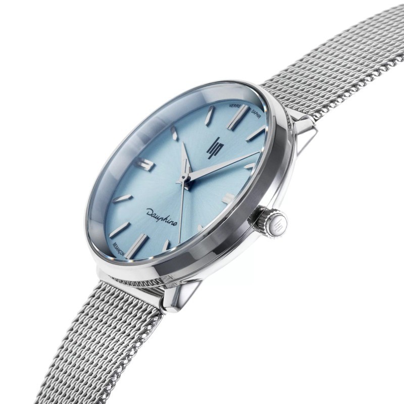Montre mixte LIP Dauphine argenté bracelet maille milanaise et cadrant bleu clair