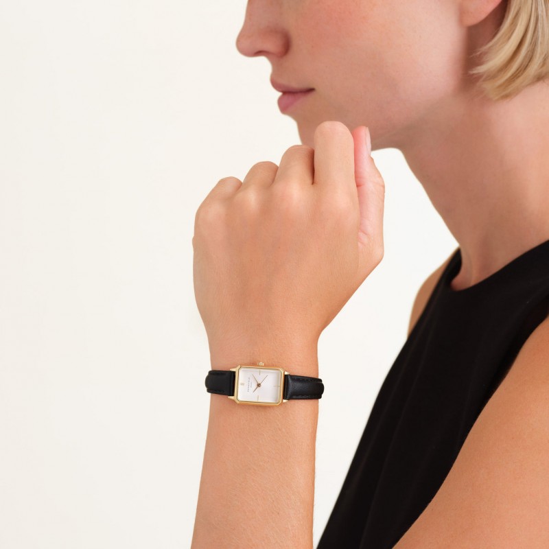 Montre Femme Rosefield Collection Octagon XS Blanc Bracelet en cuir noir et boitier rectangle