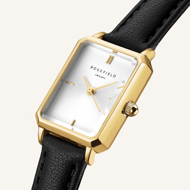 Montre Femme Rosefield Collection Octagon XS Blanc Bracelet en cuir noir et boitier rectangle