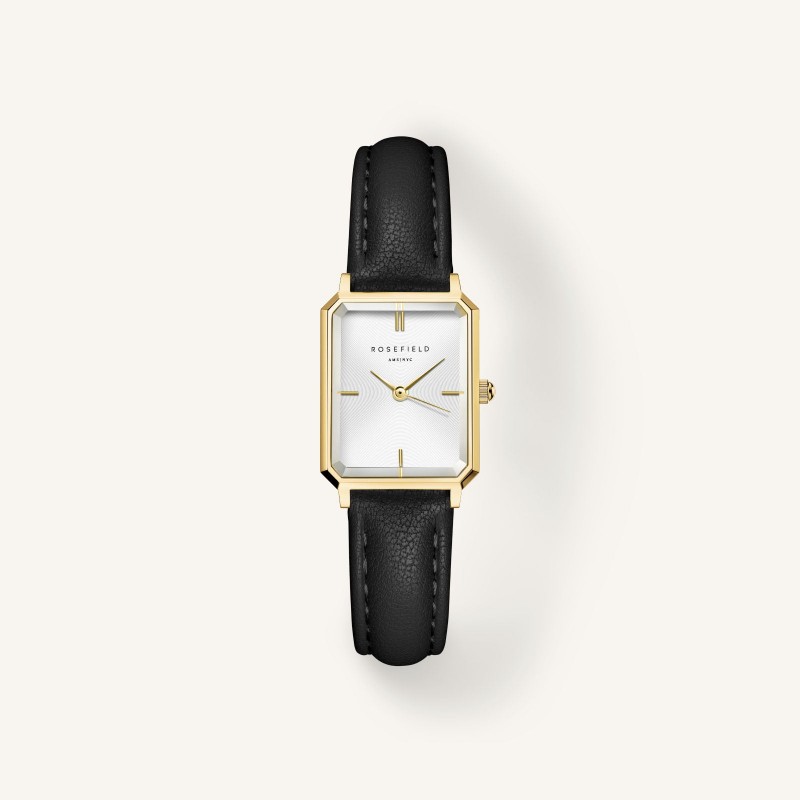 Montre Femme Rosefield Collection Octagon XS Blanc Bracelet en cuir noir et boitier rectangle