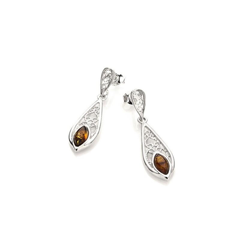 Boucles d'oreilles Pendantes Femme en Argent 925/000 argenté avec Ambre couleur cognac