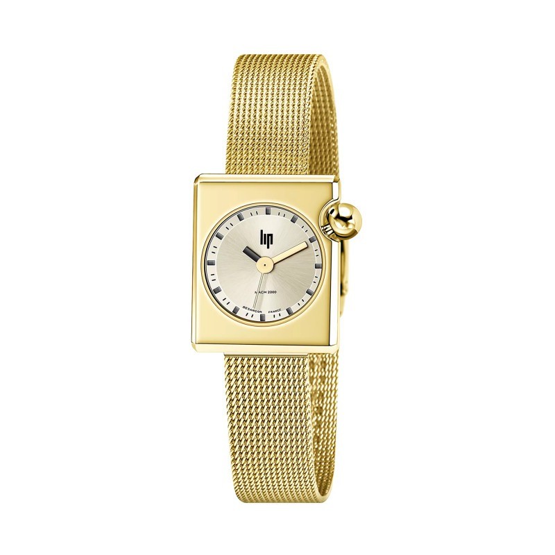 Montre Femme LIP Mini Square en acier dorée et bracelet maille milanaise doré