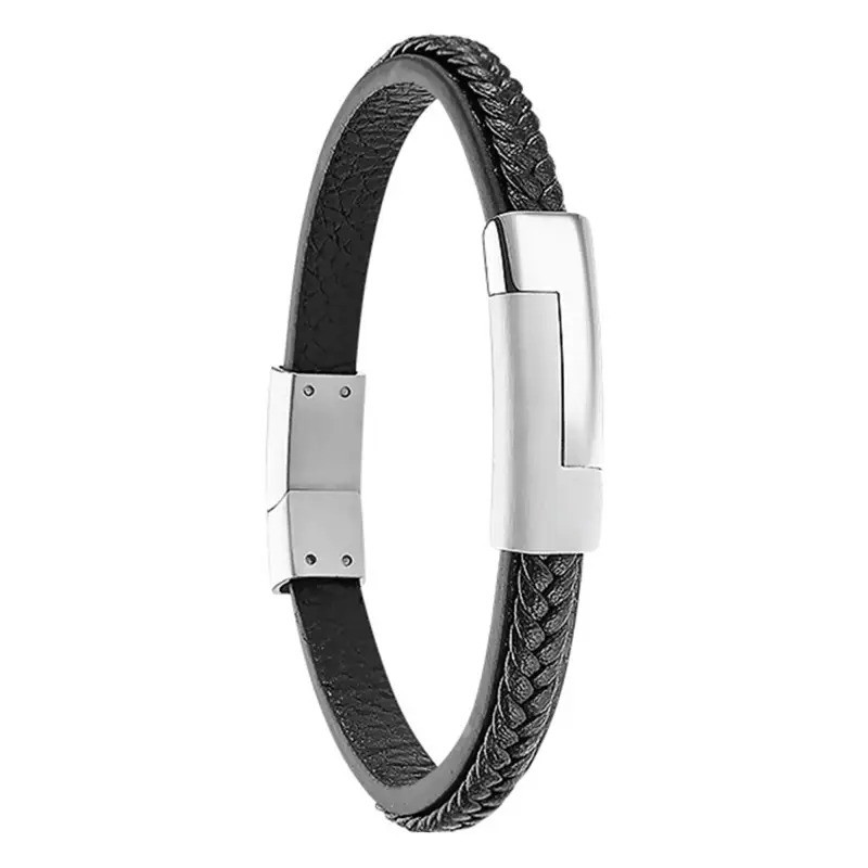 Bracelet Lotus Style homme en cuir noir et acier argenté