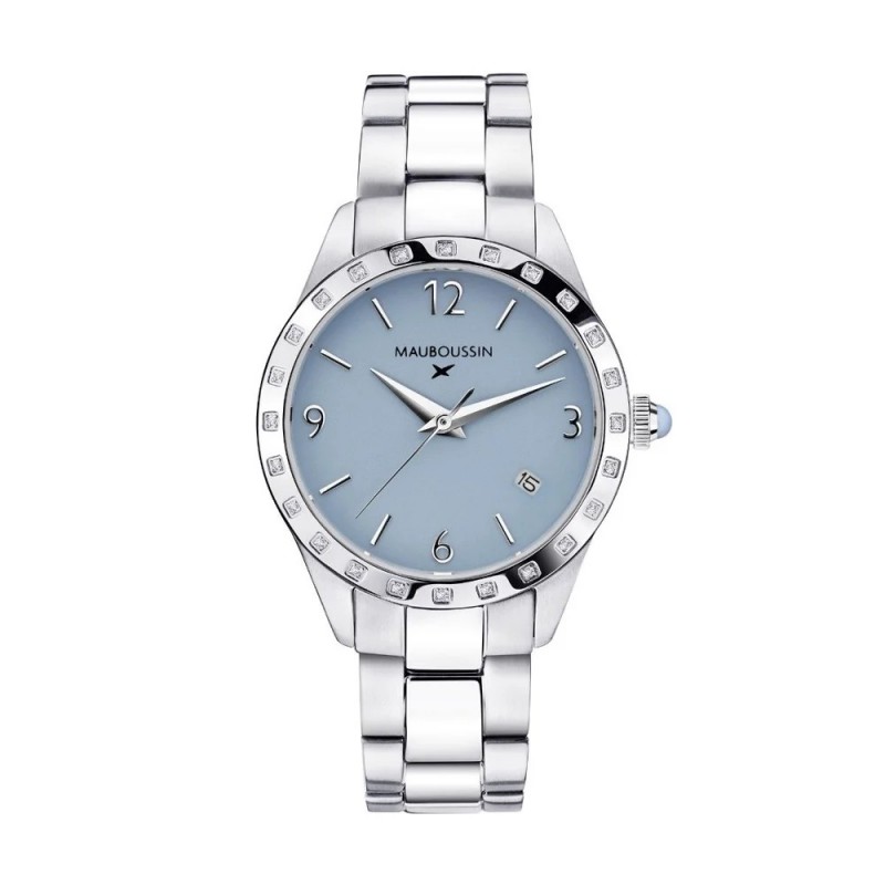 Montre Femme Mauboussin Il est grand temps en acier argenté et cadrant bleu clair