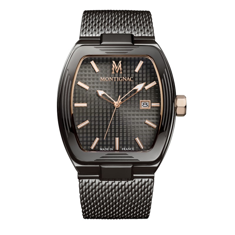 Montre Montignac en acier noir et bracelet maille milanaise