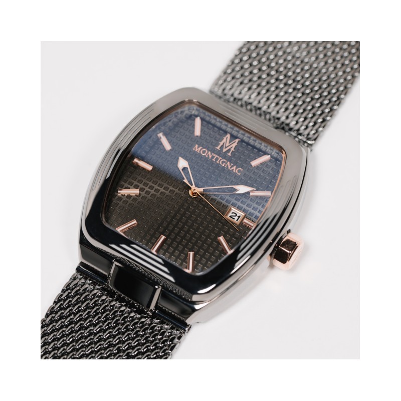 Montre Montignac en acier noir et bracelet maille milanaise