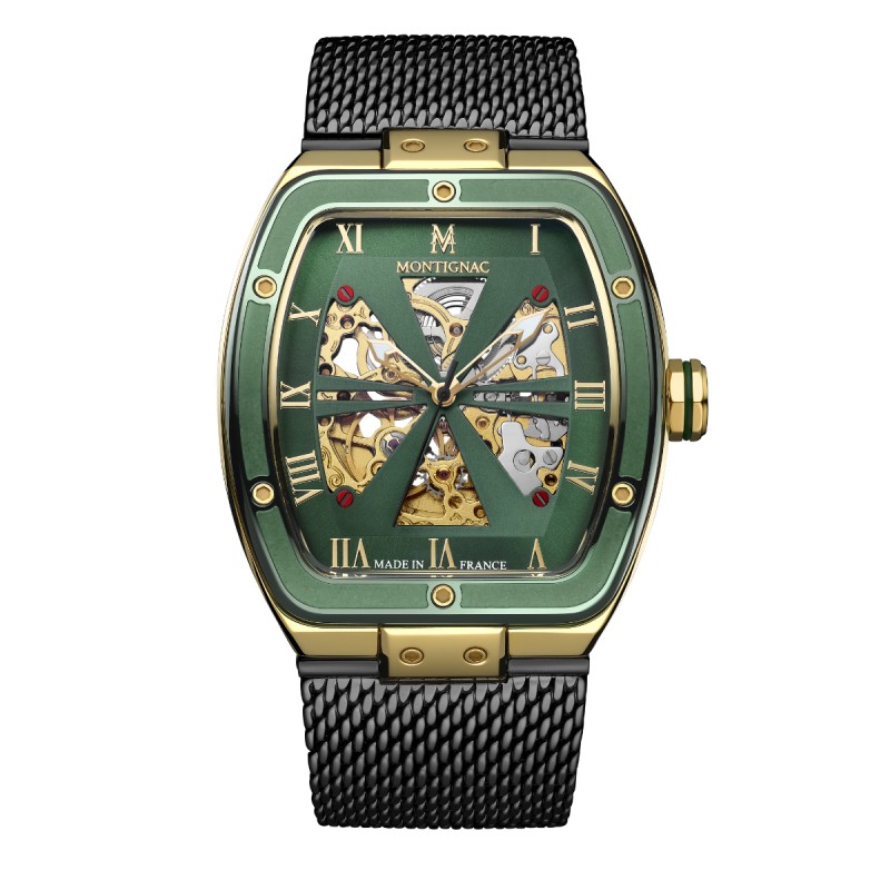 Montre Montignac en acier avec bracelet en maille milanaise noire et cadran vert