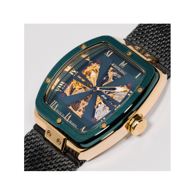 Montre Montignac en acier avec bracelet en maille milanaise noire et cadran vert