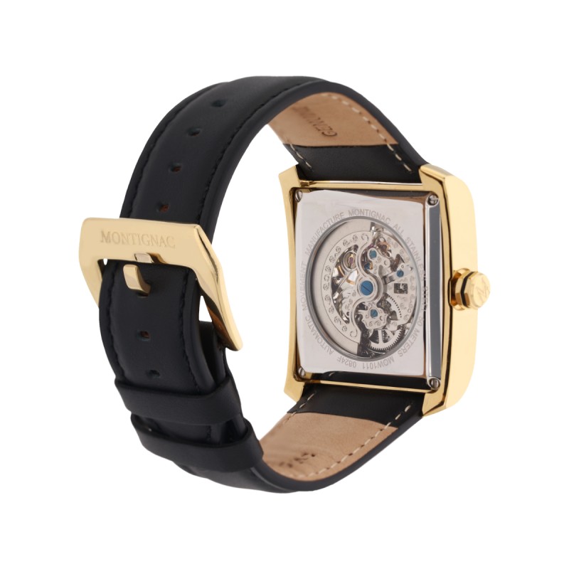 Montre Montignac automatique en acier doré et Bracelet cuir noir