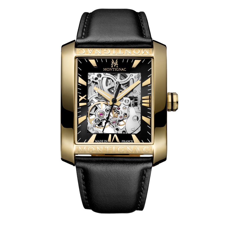 Montre Montignac automatique en acier doré et Bracelet cuir noir