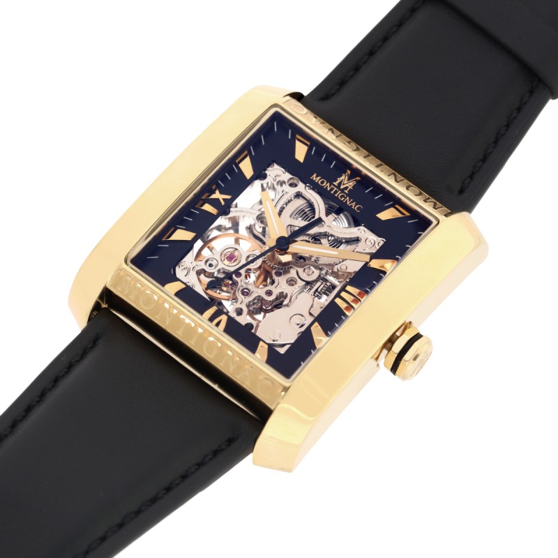 Montre Montignac automatique en acier doré et Bracelet cuir noir