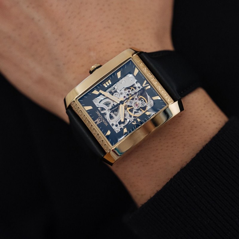 Montre Montignac automatique en acier doré et Bracelet cuir noir